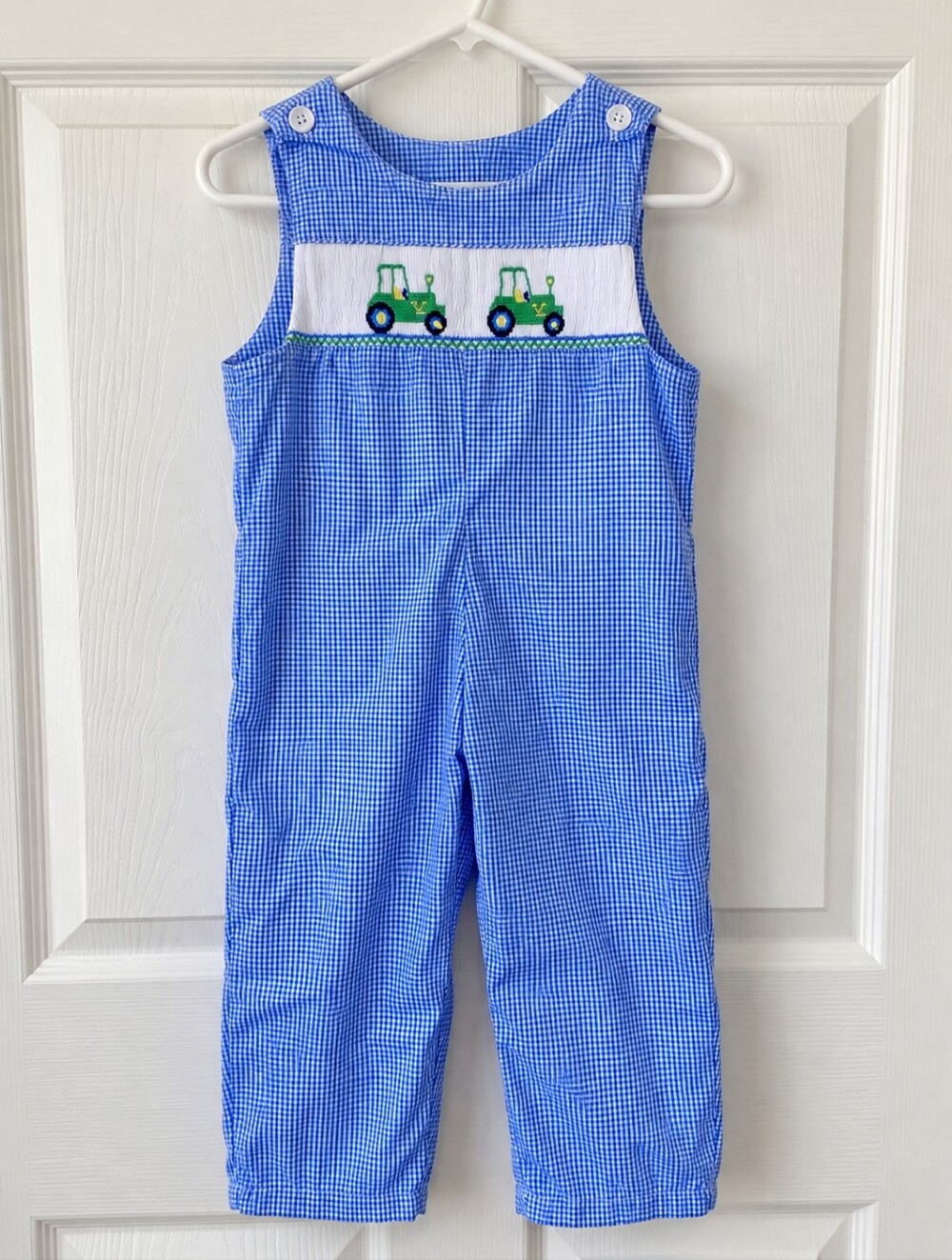 Elan Blue Gingham Overalls with Green Tractor Embroidery